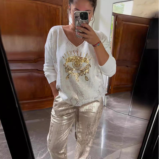 Conjunto de top y pantalón bronceador con efecto ojo malvado para mujer, informal, a la moda, brillante