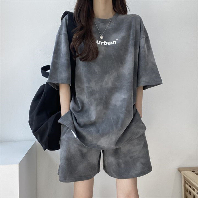 Conjunto deportivo informal de dos piezas para mujer, camiseta de manga corta con efecto tie-dye y pantalones cortos holgados