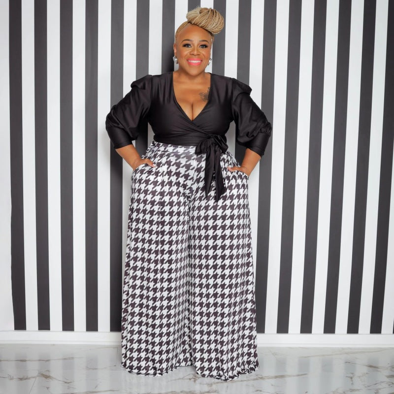 Plus Size Women Casual Houndstooth Wide Leg Pants