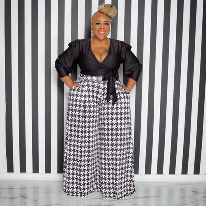 Plus Size Women Casual Houndstooth Wide Leg Pants