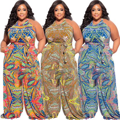 Plus Size Women Print Halter Neck Waist Casual Jumpsuit