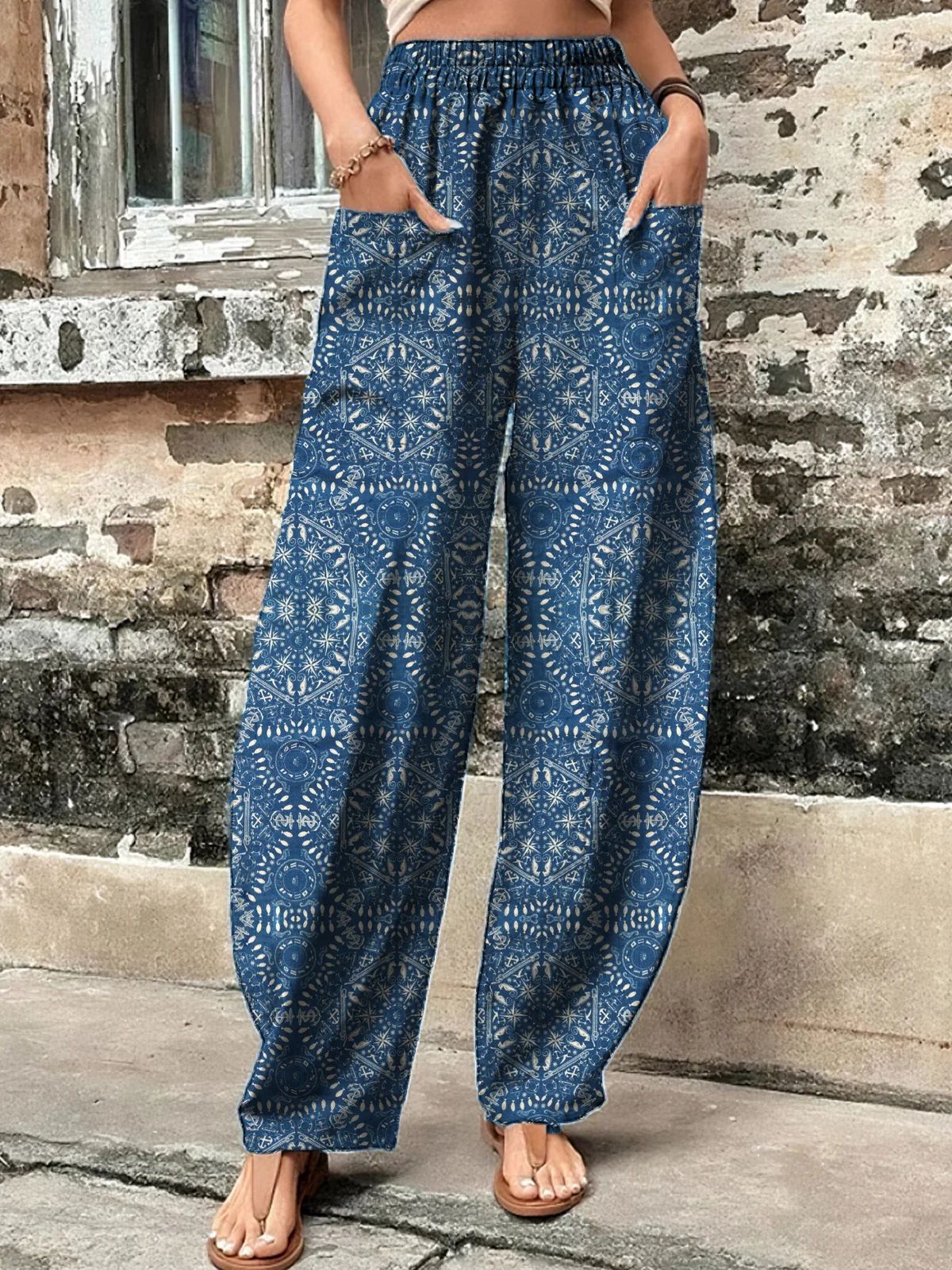 Women Casual Printed Pocket Loose Pants