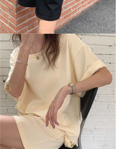 Women Fashion Casual Solid Color Round Neck Short Sleeve Top Shorts Sports Set