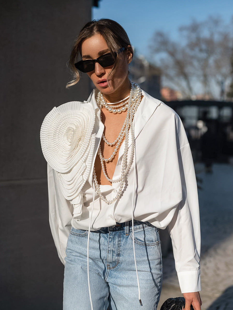 Women High Street Fashion Casual Long Sleeve Flower Design Loose Shirt Blouse