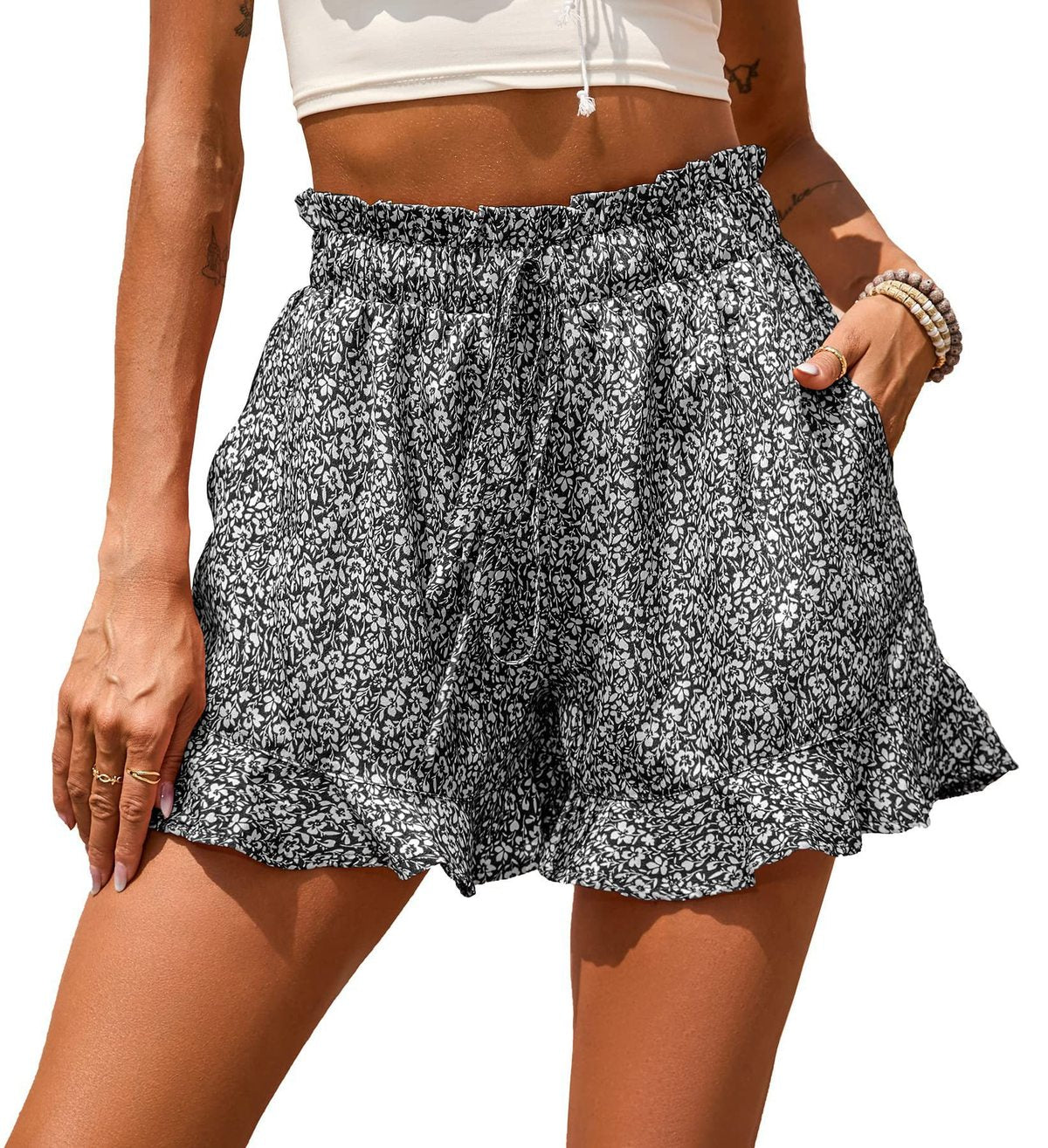 Women Fashion Casual Vacation Floral Printed Chiffon Pocket Drawstring Shorts