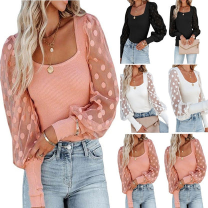 Women Fashion Casual Square Collar Mesh Polar Stitching Pit Long Sleeve Top