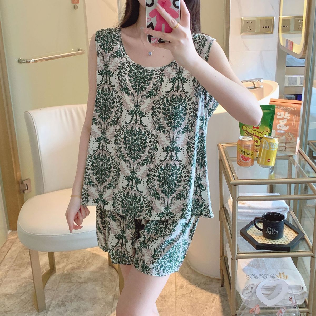 Conjunto de pijama de dos piezas de algodón y seda con camiseta sin mangas estampada informal para mujer