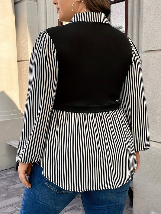 Blusa informal de manga larga con botones y solapa con rayas en contraste, talla grande, para mujer