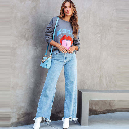 Women Fashion Casual Fringe Straight Jeans