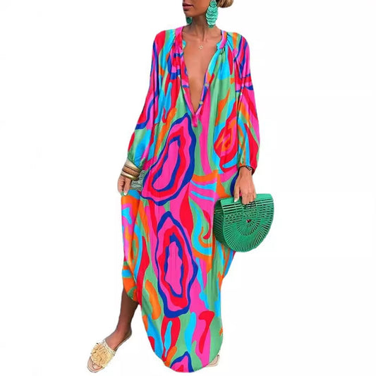 Vestido largo informal holgado con cuello en V y manga larga con estampado gráfico de otoño para mujer