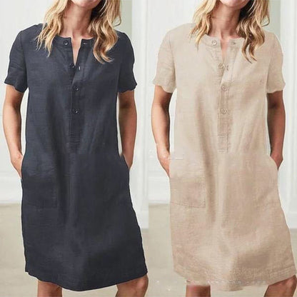 Cotton Linen Loose Short-Sleeved Mid-Length Women Solid Color Casual Dress