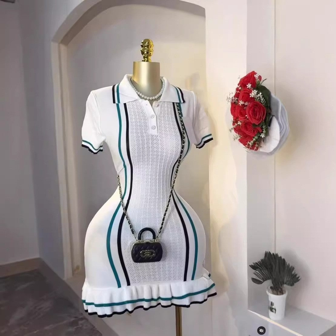 Women Fashion Casual Contrast Color Lapel Short-Sleeve Ruffled Knitted Dress