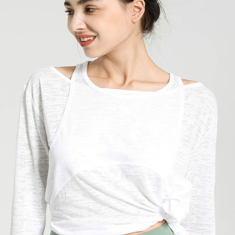 Top deportivo informal holgado de color liso con cuello redondo y manga larga para mujer