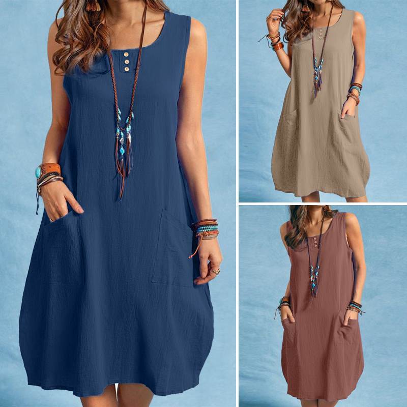 Spring And Summer Women Cotton Loose Casual Solid Color Sleeveless Dress