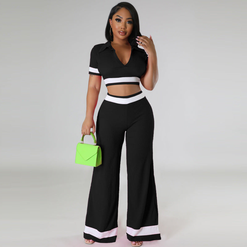 Conjunto de dos piezas de top corto y pantalones cortos de manga corta con bloques de color para mujer