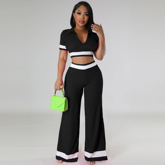 Conjunto de dos piezas de top corto y pantalones cortos de manga corta con bloques de color para mujer