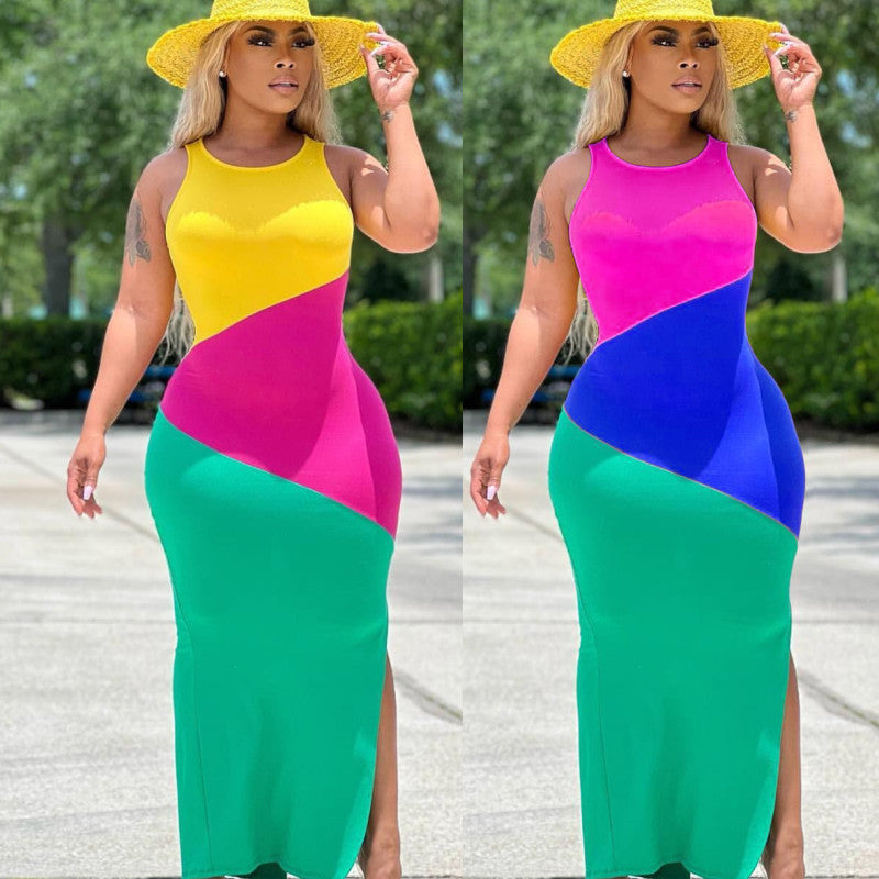 Women Fashion Sexy Casual Round Neck Sleeveless Printed Side Slit Tank Dress