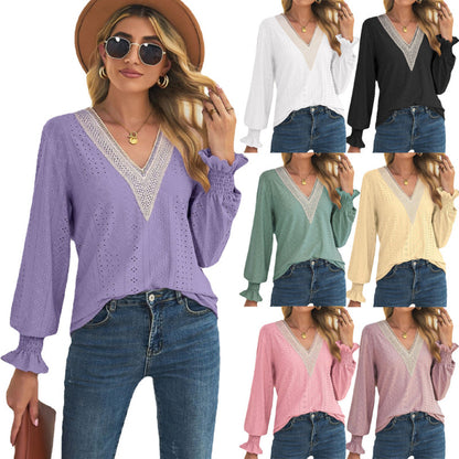 Blusa informal de manga larga con cuello en V y encaje calado para mujer