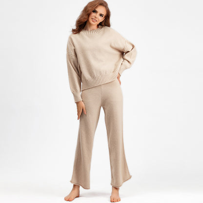 Autumn Winter Women Fashion Casual Knitted Sweater Wide Leg Pants Two-Piece Set