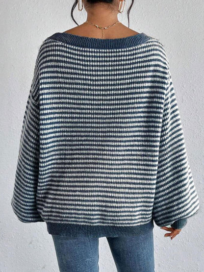 Autumn And Winter Women Casual Stripe Loose Knitted Sweater