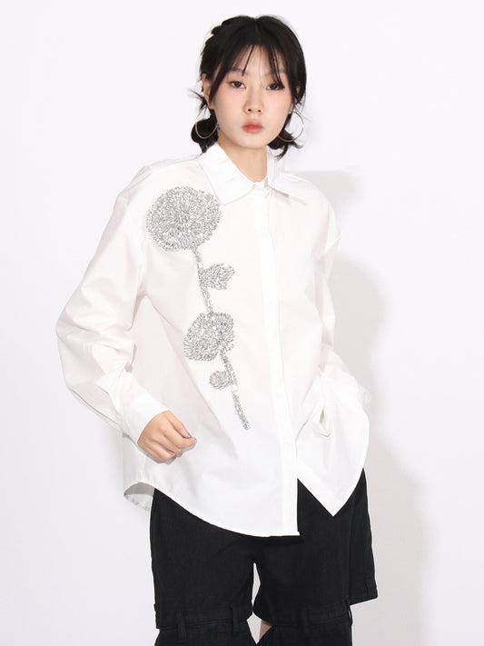 Blusa informal holgada de manga larga con solapa y flores de diamantes de imitación para mujer