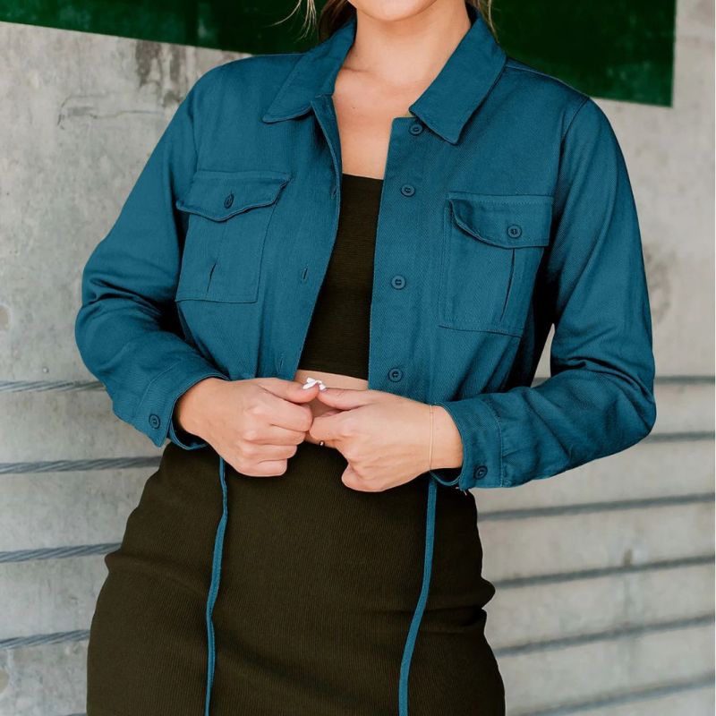 Camisa vaquera de manga larga, holgada, informal, con doble bolsillo, a la moda para mujer