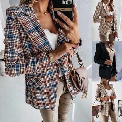 Chaqueta de traje informal de manga larga con estampado de pata de gallo y cuadros para mujer