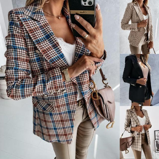 Chaqueta de traje informal de manga larga con estampado de pata de gallo y cuadros para mujer