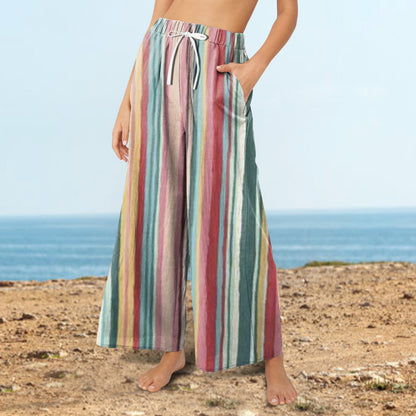 Pantalones anchos de cintura alta con cordones y estampado de rayas informales y sueltos de verano