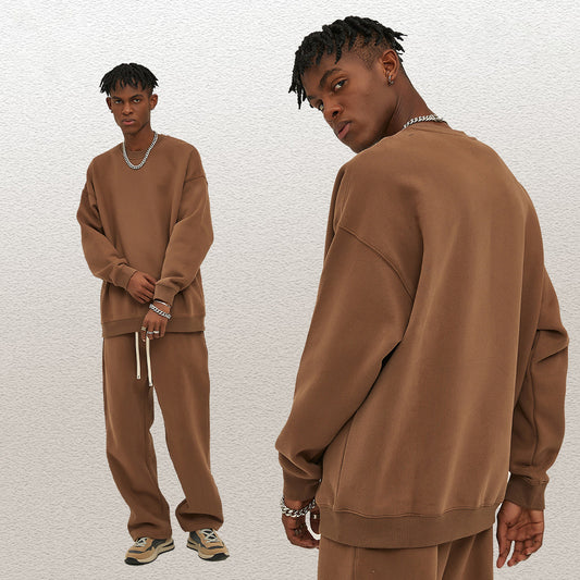 Men Fashion Casual Loose Solid Color Fleece-Lined Thickened Sweatshirt