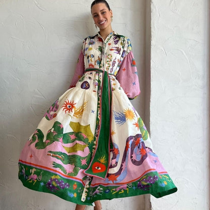 Vestido informal con estampado floral para mujer, manga larga tipo farol, botonadura sencilla, cintura definida, con cordones