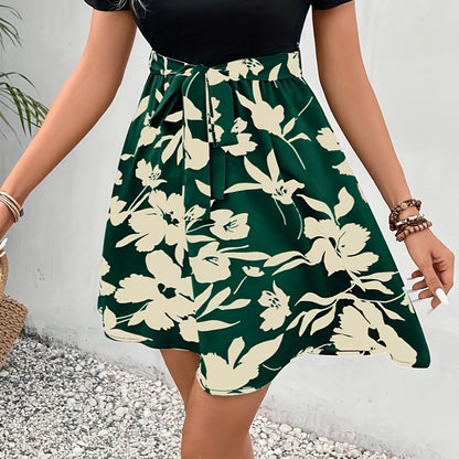 Women Fashion Casual Floral Pinted Lace-Up Pleated Skirt