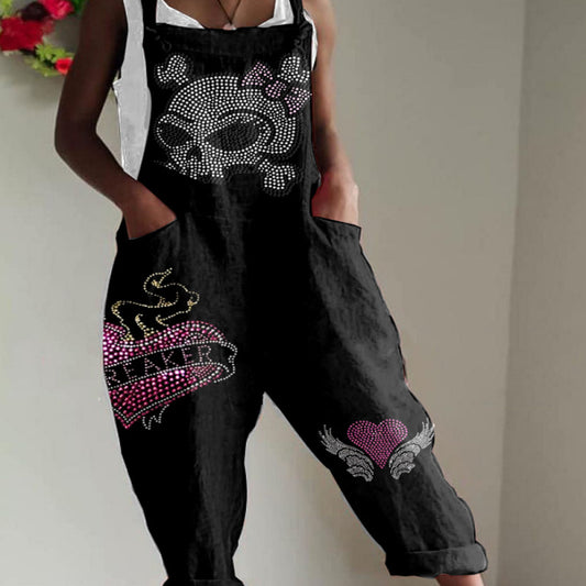 Vintage Casual Women Halloween Skull Letter Print Pocket Loose Jumpsuits