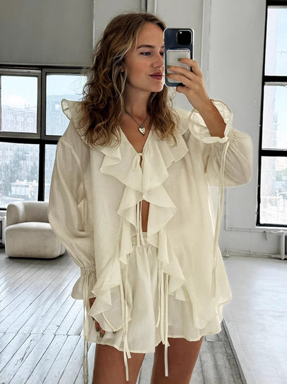 Conjunto de dos piezas de top y pantalones cortos holgados de manga larga con volantes y solapa informal para mujer