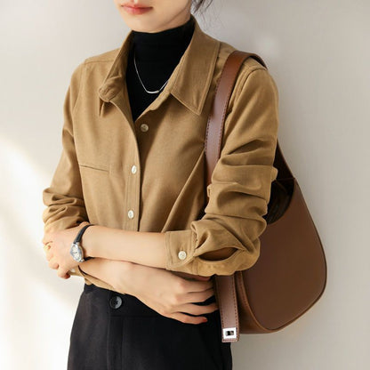 Women Fashion Casual Winter Long Sleeve Solid Thickened Corduroy Shirt Office Blouse