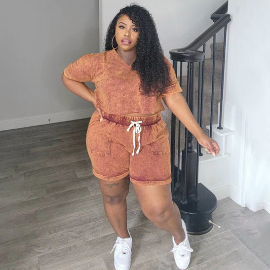 Women Casual Plus Size Printed Short Sleeve Crop Top Drawstring Shorts Two-Piece Set