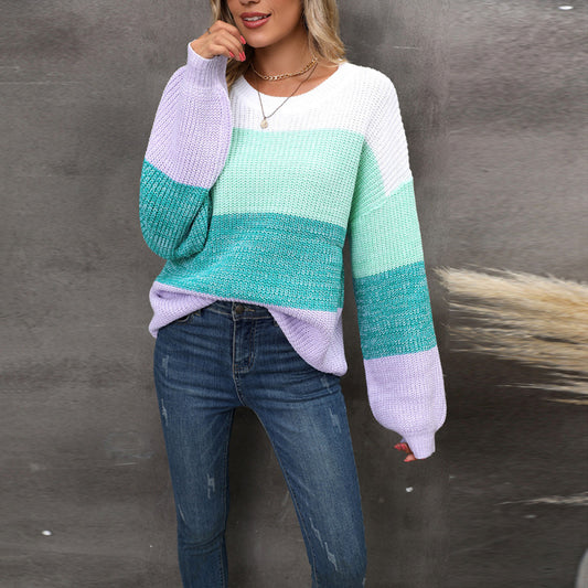 Suéter de rayas con bloqueo de color informal de moda para mujer de otoño e invierno