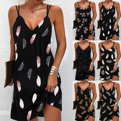 Summer Women Casual V-Neck Printed Mini Suspender Dress