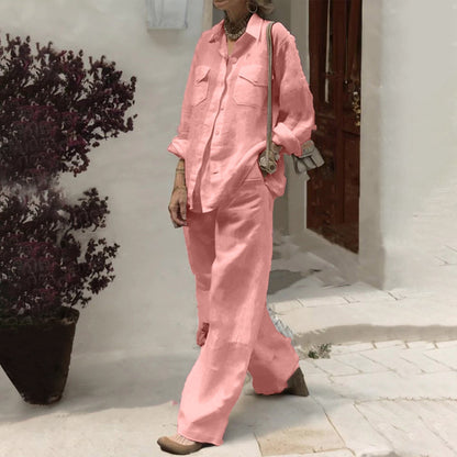 Conjunto de dos piezas de camisa y pantalones holgados de manga larga de color liso para mujer