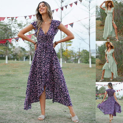 Spring And Summer Women'S Casual Middle Waist Short Sleeve V-Neck Drawstring Waist Tiny Flower Printing Bohemian Vacation Irregular Ruffled Dress