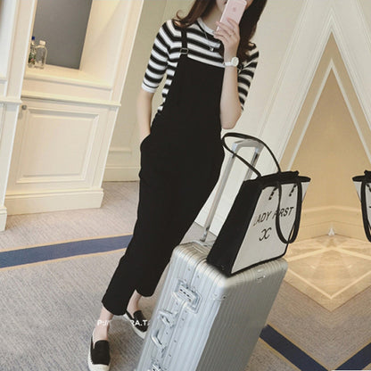 Women Casual Loose Striped Half Sleeve T-Shirt And Suspender Jumpsuit Pants Set