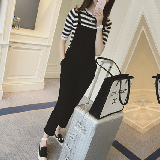 Women Casual Loose Striped Half Sleeve T-Shirt And Suspender Jumpsuit Pants Set