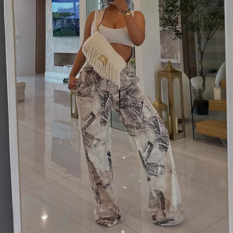 Women Fashion Casual Printed Elastic Drawstring Loose Pants