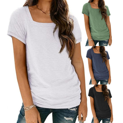 Camiseta informal de verano para mujer, con cuello cuadrado, color liso, manga corta y sin mangas