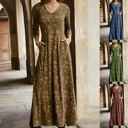 Women Fashion Casual Printed V-Neck Pocket Long Sleeve Maxi Dress