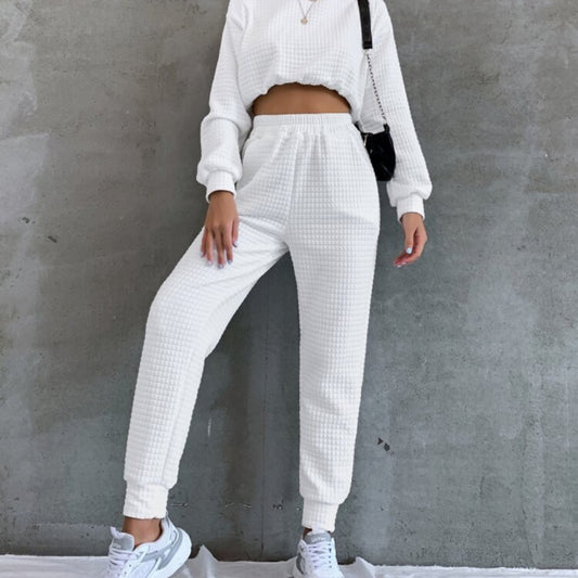 Conjunto deportivo de dos piezas para mujer, color liso, cuello redondo, manga larga, sudadera corta y pantalón pitillo, moda informal