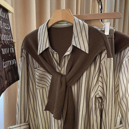 Autumn Shawl Fake Two-Piece Stripe Shirt Women Casual Long Sleeve Lapel Blouse