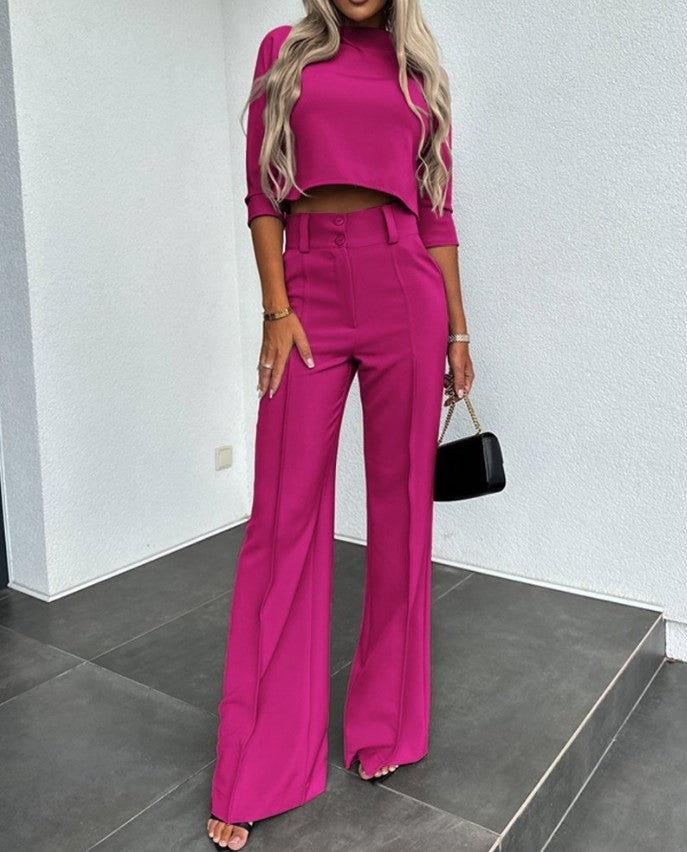Conjunto de dos piezas formado por camiseta y pantalón ancho, manga larga, cuello redondo, color liso, informal, para mujer