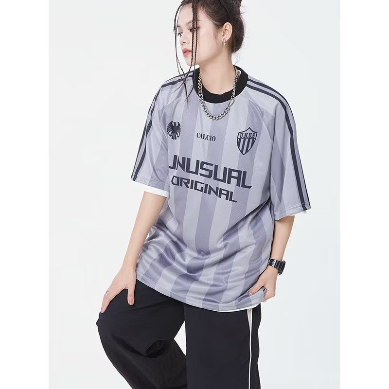 Camiseta deportiva holgada informal de manga corta con rayas rosas de estilo hip hop para mujer