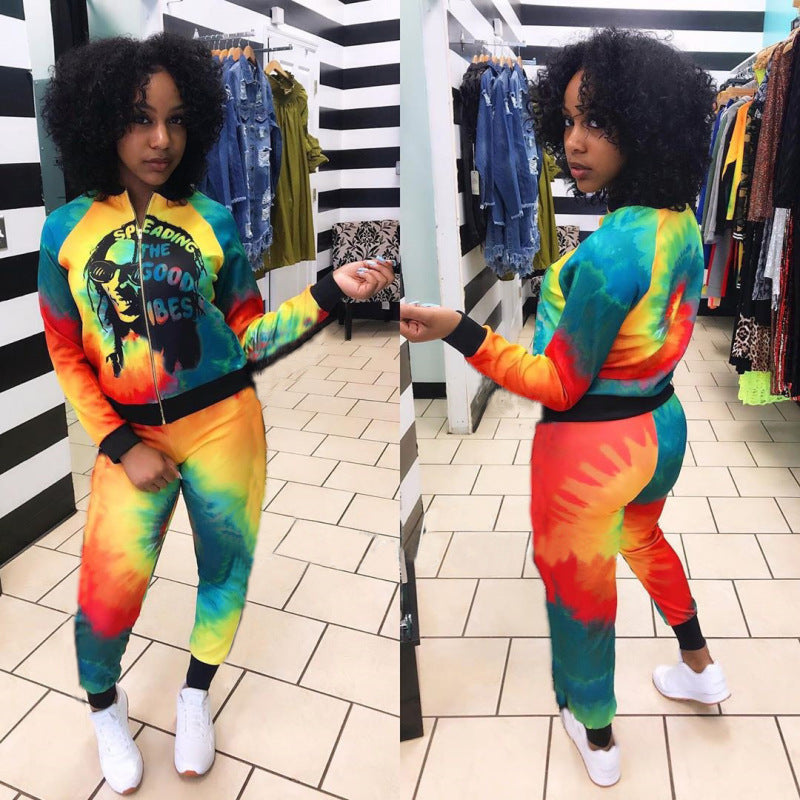 Conjunto de dos piezas informal de moda para mujer, con top y pantalón de manga larga con cremallera y estampado tie-dye
